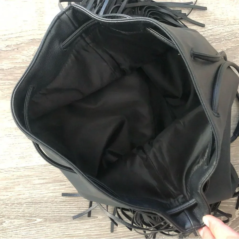 Victoria's Secret Drawstring Fringe Backpack Bag Large Black Purse‎ READ